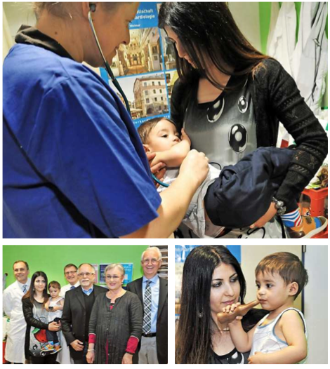 Helga Prießmann (oberes Foto,l.), Oberärztin in der Kinderkardiologischen Abteilung in der Kinder- und Ju- gendklinik, hört den kleinen Saif auf dem Arm seiner Mutter Khuloud ab. Auf dem Bild unten links sind Robert Cesnjevar (Leiter der Kinderherzchirurgischen Abteilung), Mutter Khuloud mit Saif, Sven Dittrich (Leiter der Kinderkardiologischen Abteilung), Hilde Müller-Erhard, Helmut Schneider und Faidi Mahmoud vom Verein „Erlangen hilft“. Saif lässt sich schon mal Schokolade schmecken